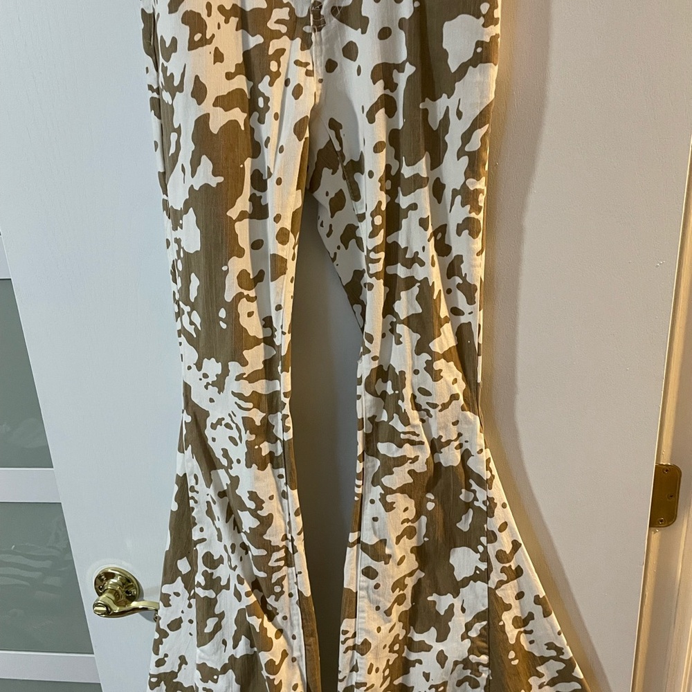 Brown and White Cow Print Flared Pants